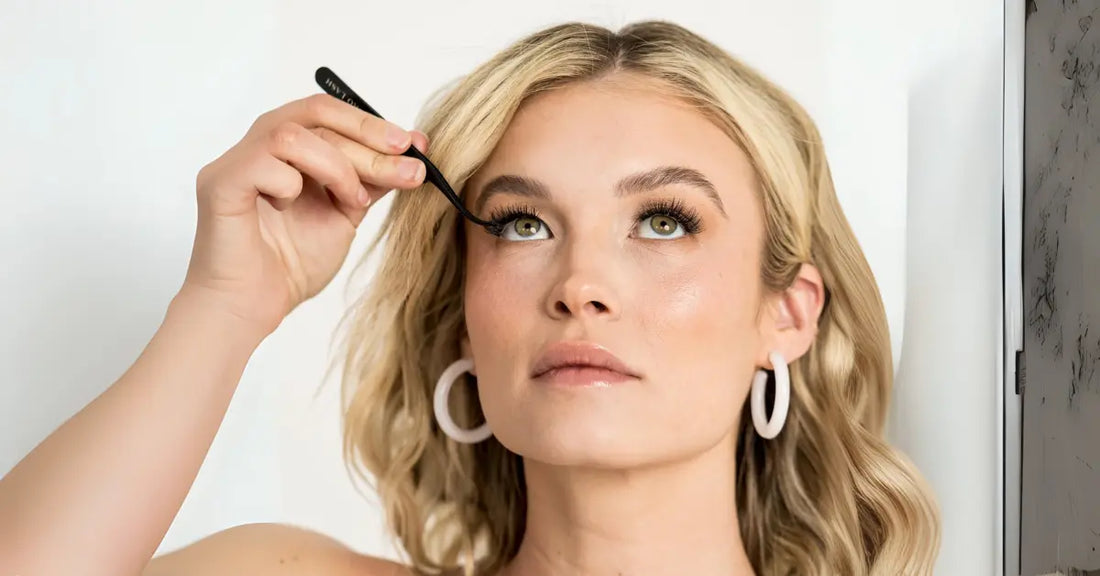 Volume Lash application with tweezers shown on woman with blonde hair and light makeup.