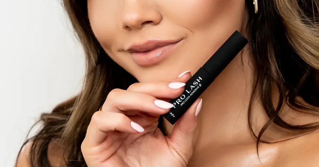 Salon eyelash extensions secured using Pro Lash adhesive for a long-lasting, professional finish.