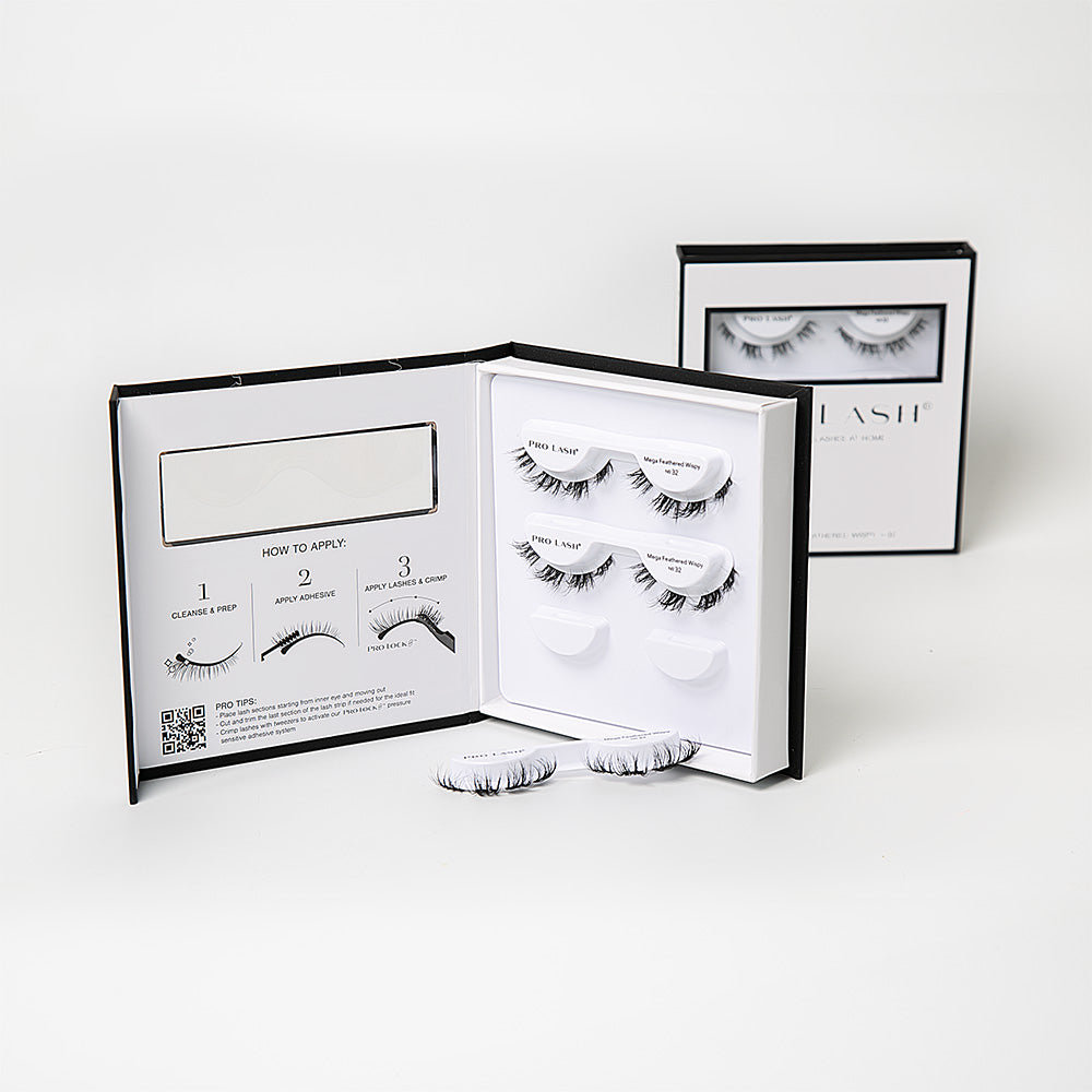 Feather eye lashes kit with three pairs of wispy false lashes and step-by-step application instructions in a sleek box