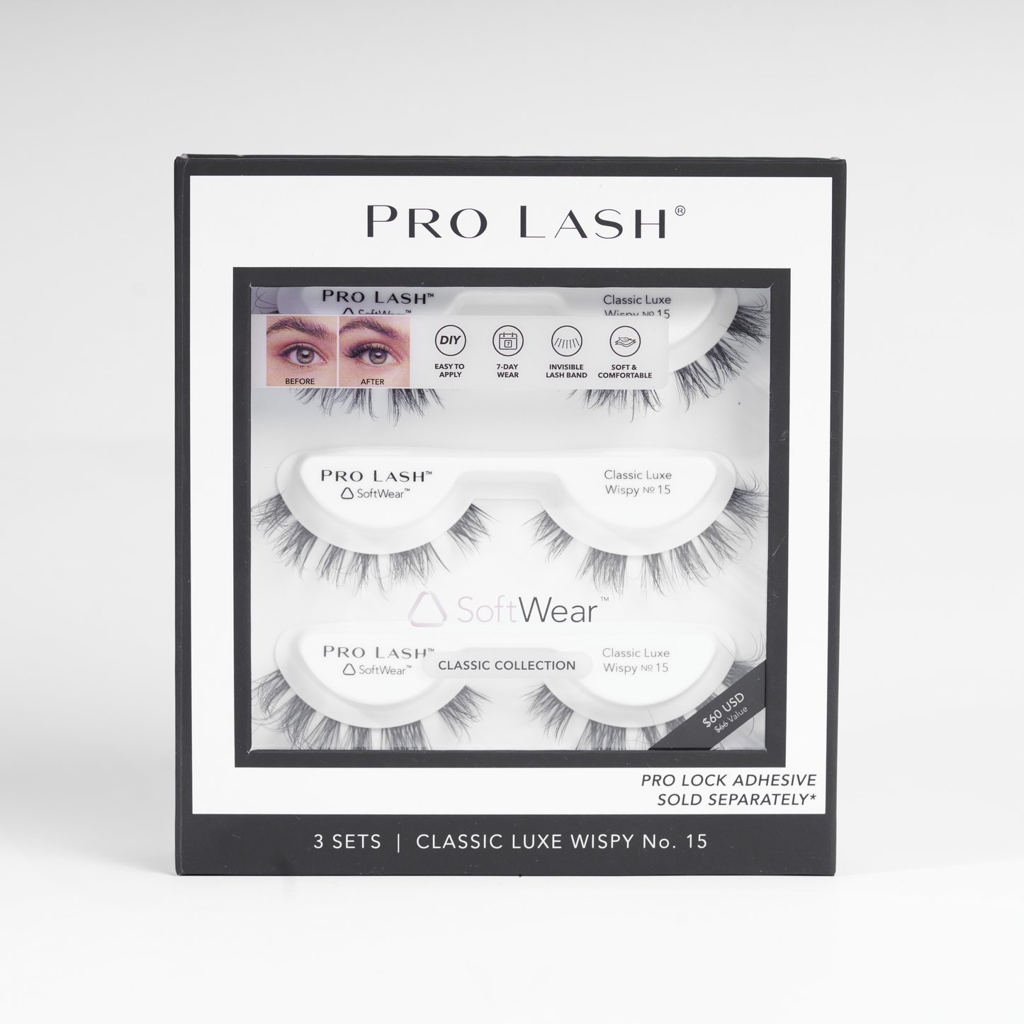 Wispy classic lashes in Pro Lash Classic Luxe Wispy No.15 set with three pairs and invisible lash band for comfort
