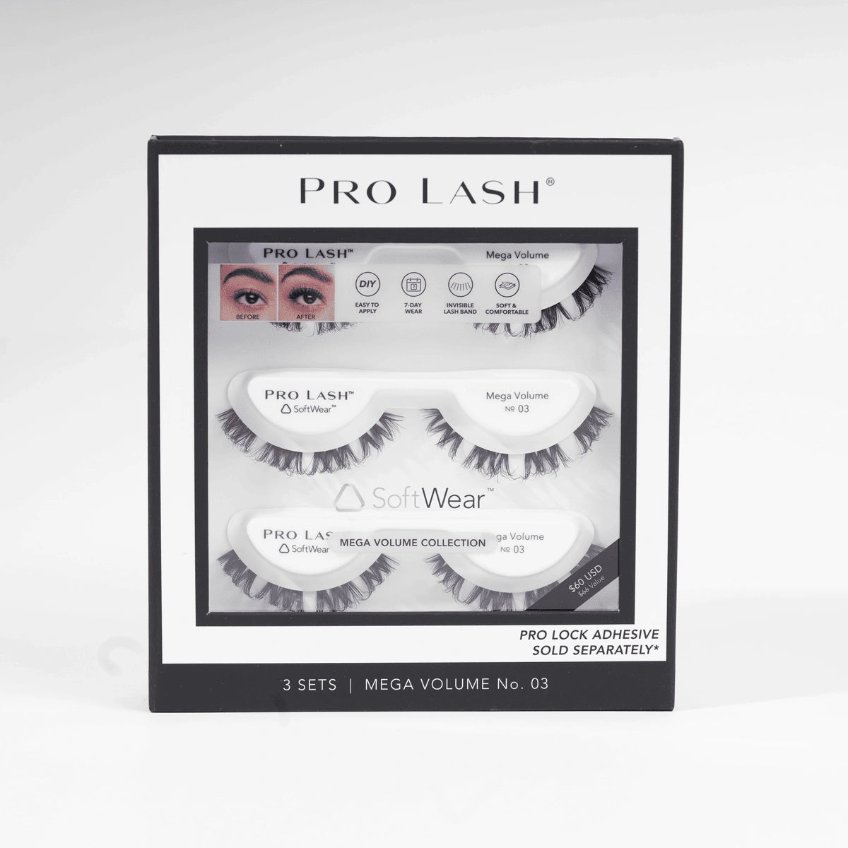 Eyelash extensions mega volume pack featuring three sets of Pro Lash SoftWear lashes in style No. 03.