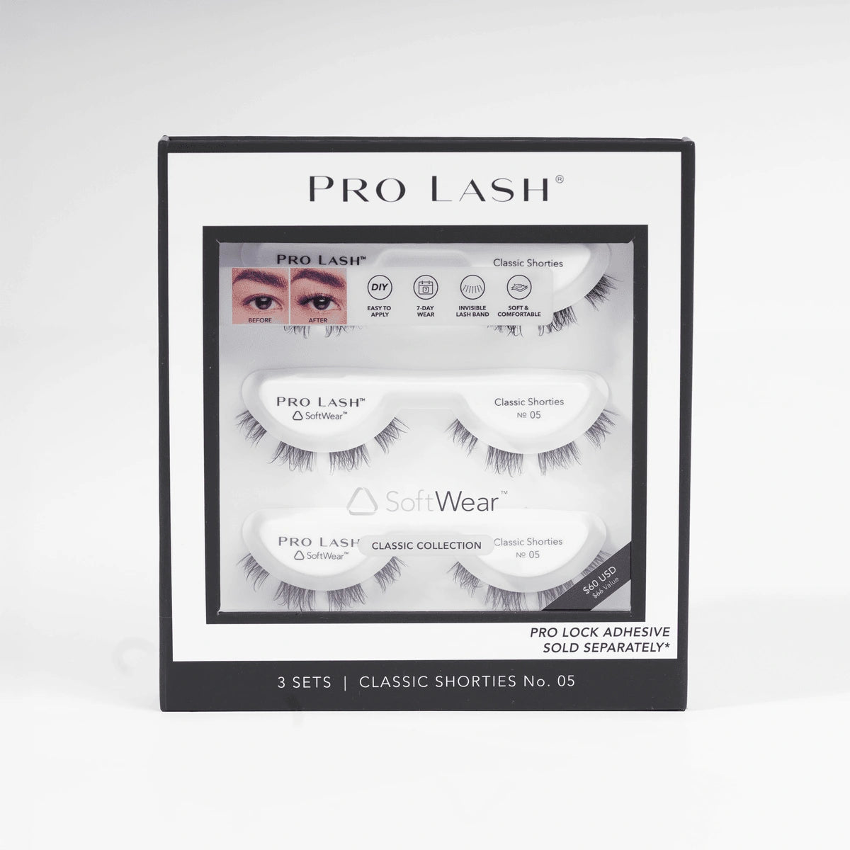 DIY eyelash extensions kit featuring Pro Lash Classic Shorties in a three-set SoftWear collection package.