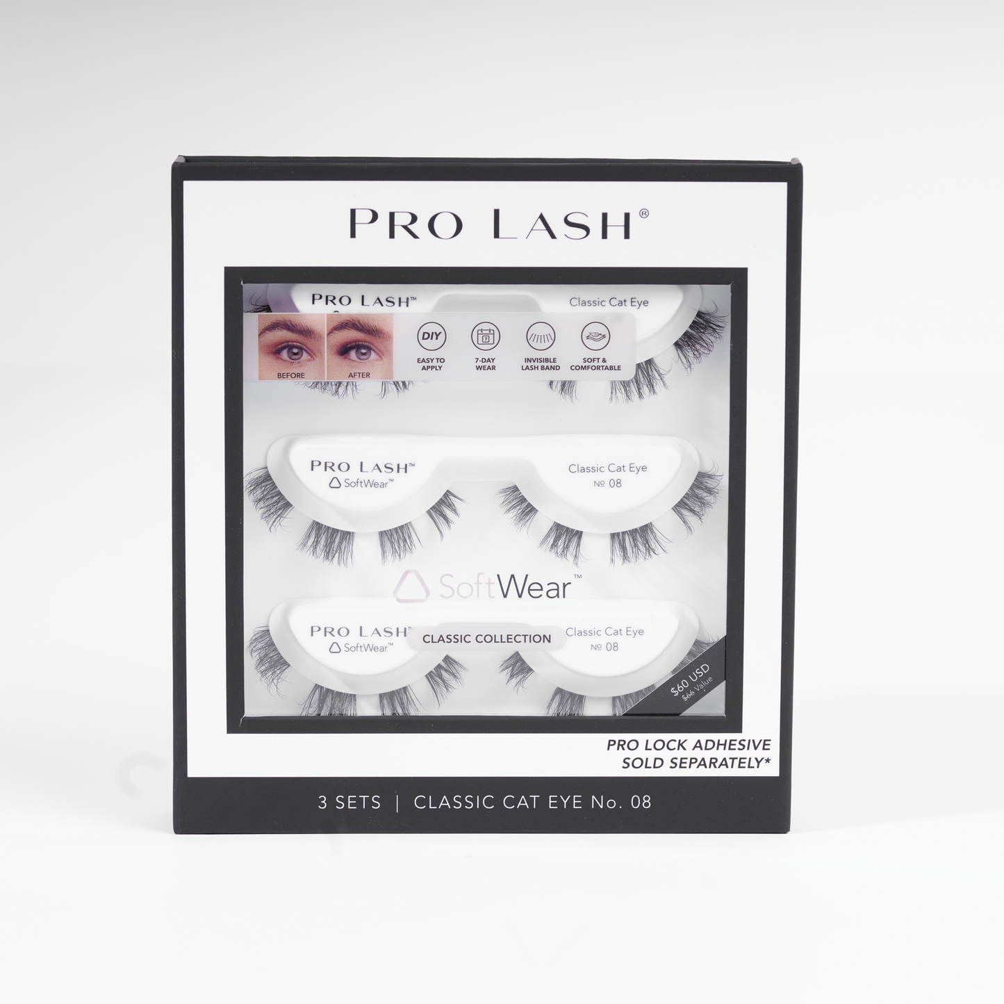 Cat eye classic eyelash extensions in Pro Lash Classic Cat Eye No.08 set with three pairs and invisible lash band.