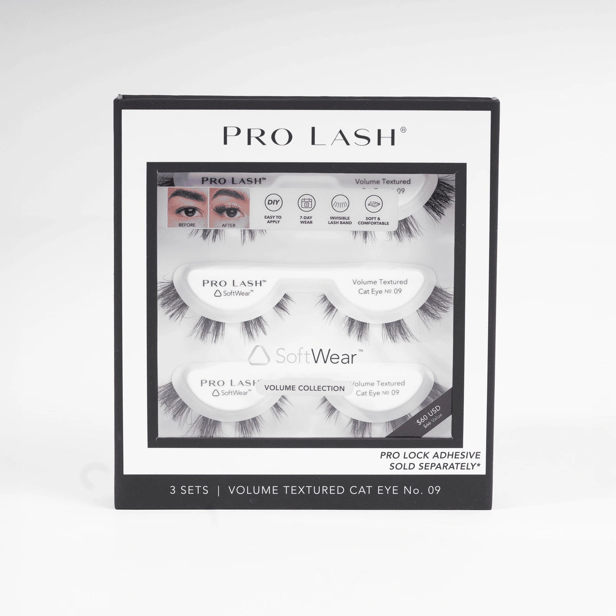 Mega volume cat eyelash extensions in a Pro Lash SoftWear pack with three sets of volume textured Cat Eye No. 09.