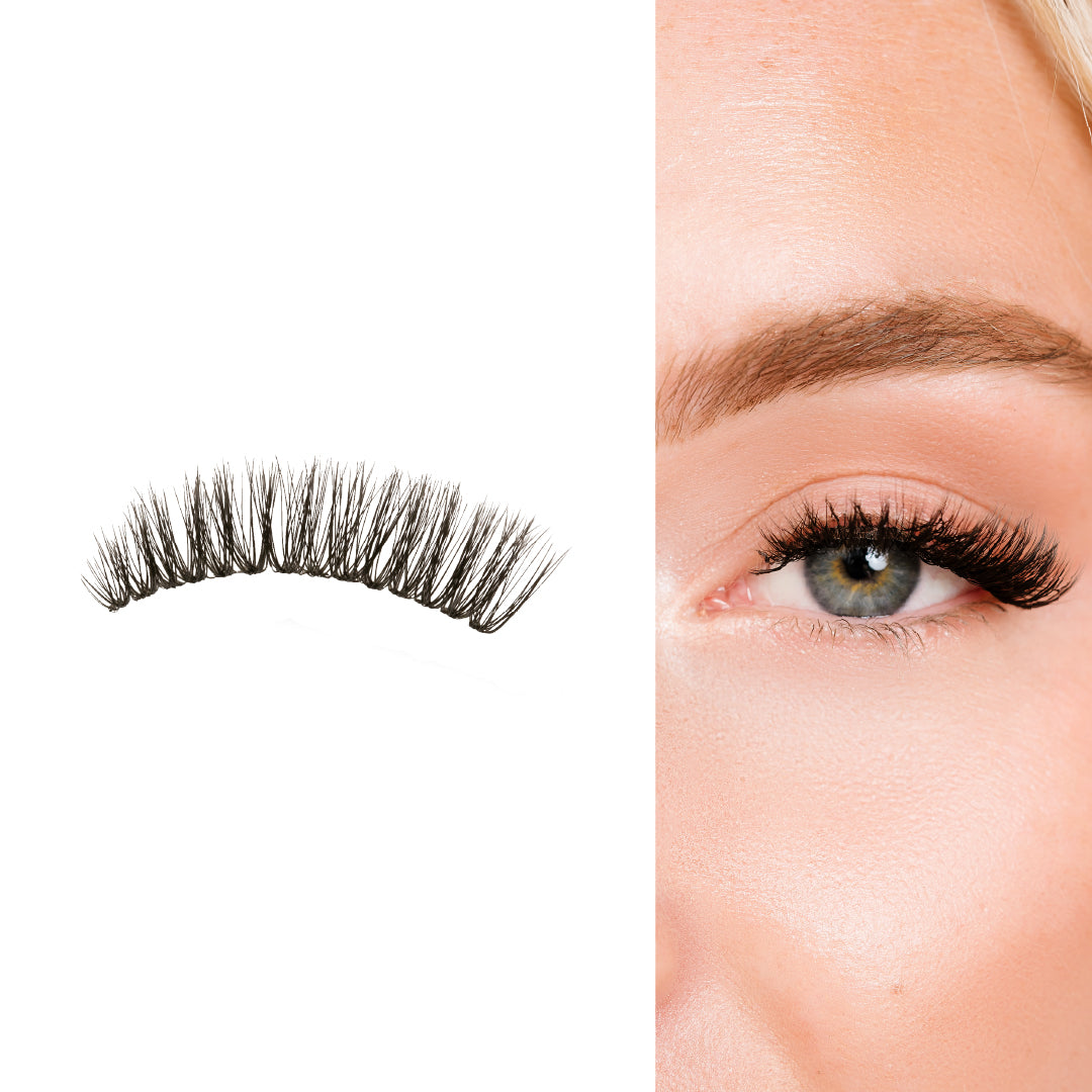 Cat eye lashes applied on one eye, featuring a flared shape with longer outer corners for a lifted, dramatic effect.
