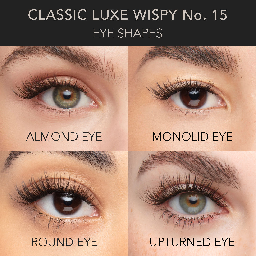 Wispy classic lash extensions in Classic Luxe Wispy No.15 style shown on almond, monolid, round, and upturned eye shapes.