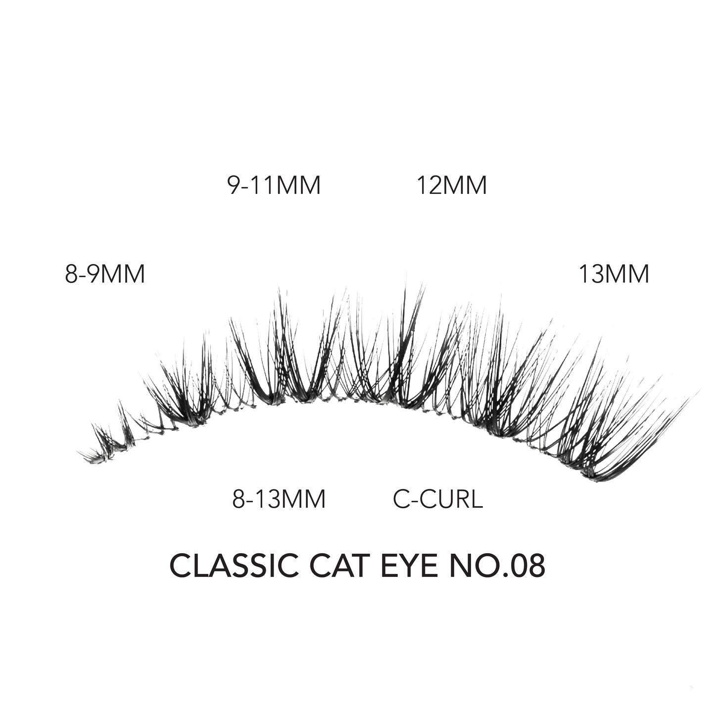 Classic cat eye eyelash extensions in No.08 style with C-curl and lengths from 8mm to 13mm for a flared look.