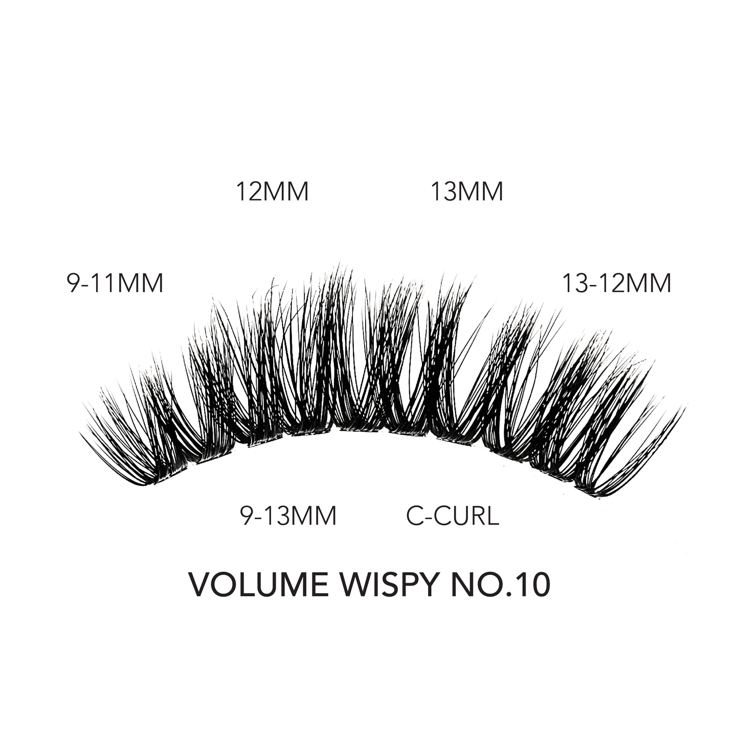 Wispy volume lashes in C-curl with lengths from 9MM to 13MM shown in style VOLUME WISPY NO.10.