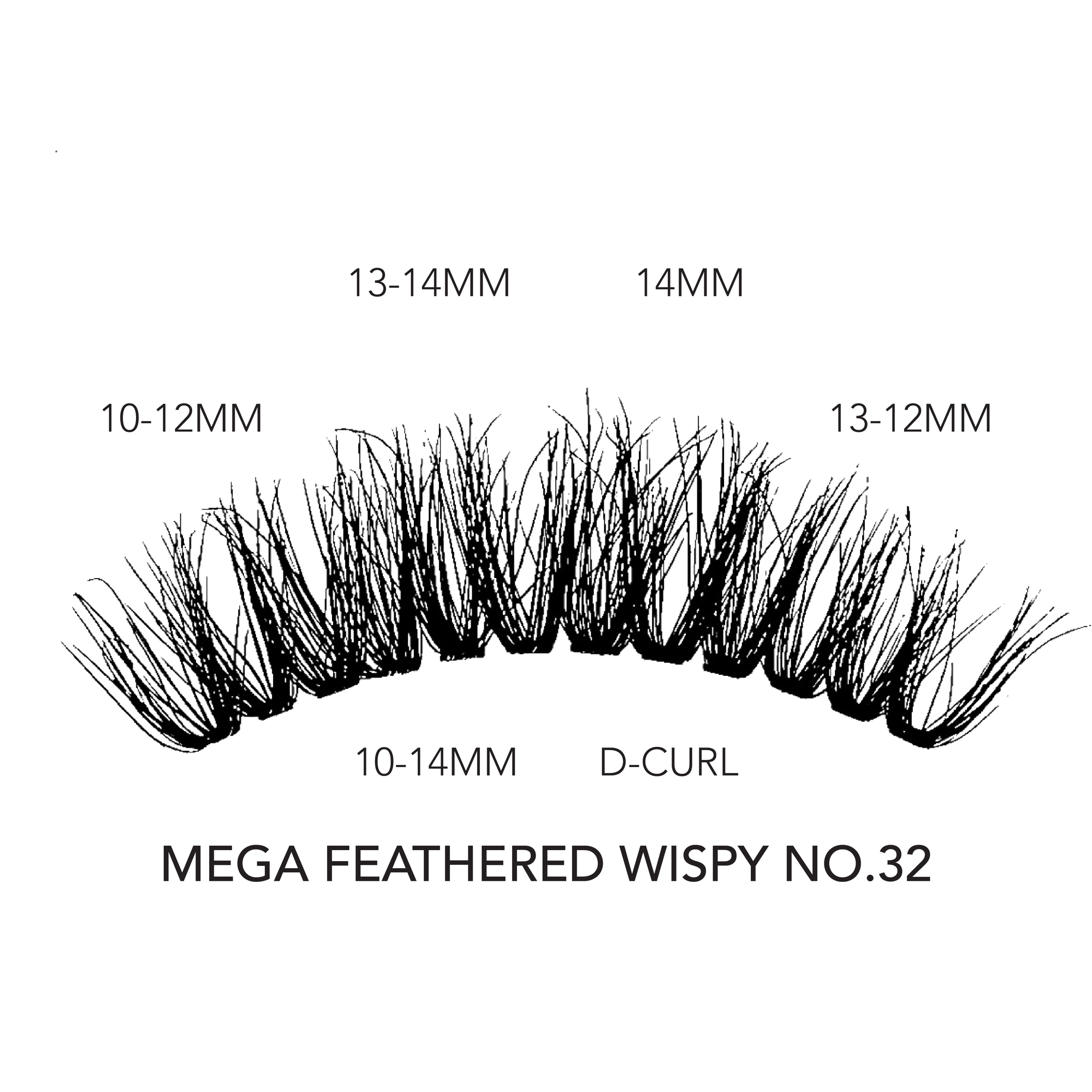 Feather lashes extensions with D-curl design in varying lengths from 10mm to 14mm for a wispy, voluminous look