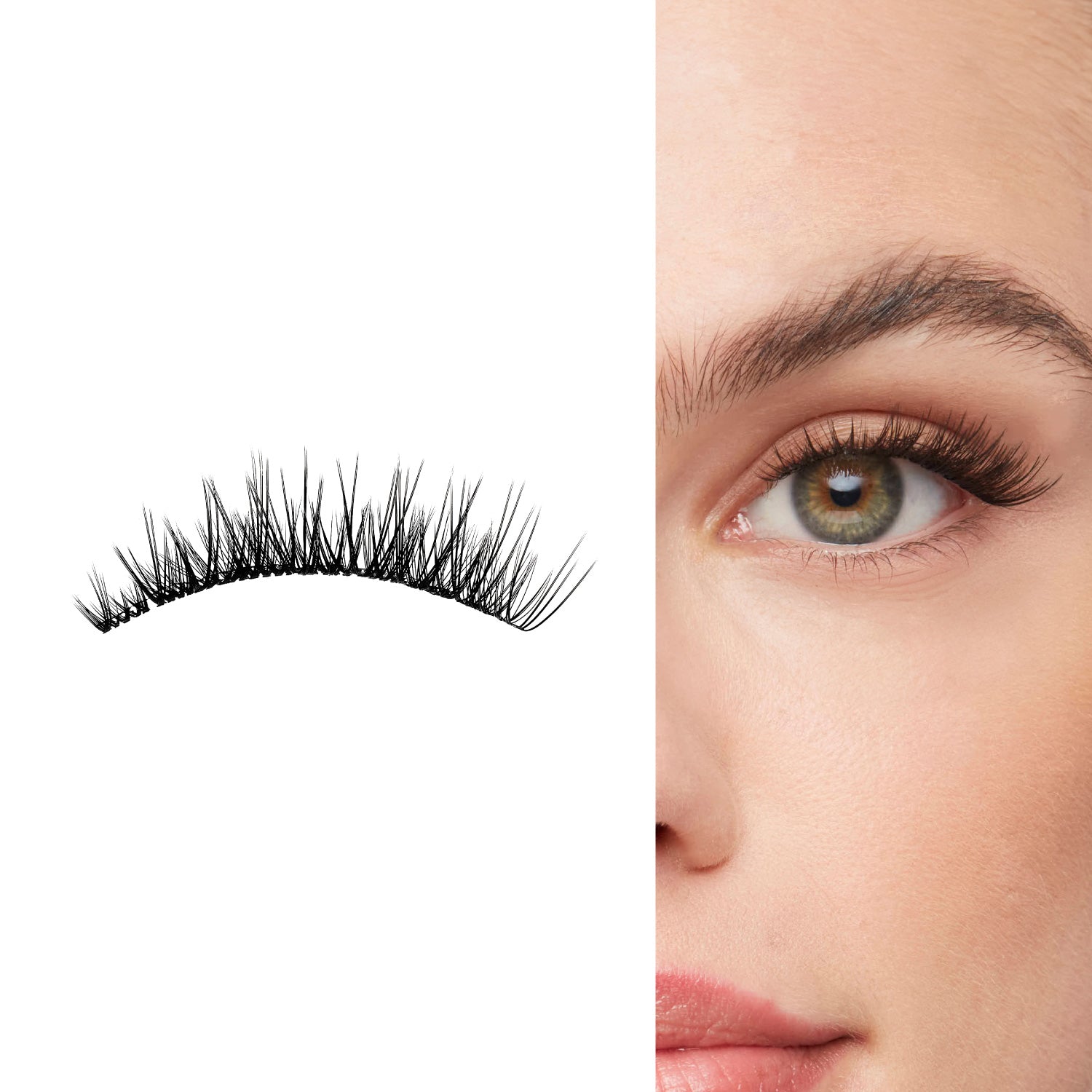 Short volume lashes shown both off-eye and worn, featuring wispy clustered design for a full yet natural look on upper lash line