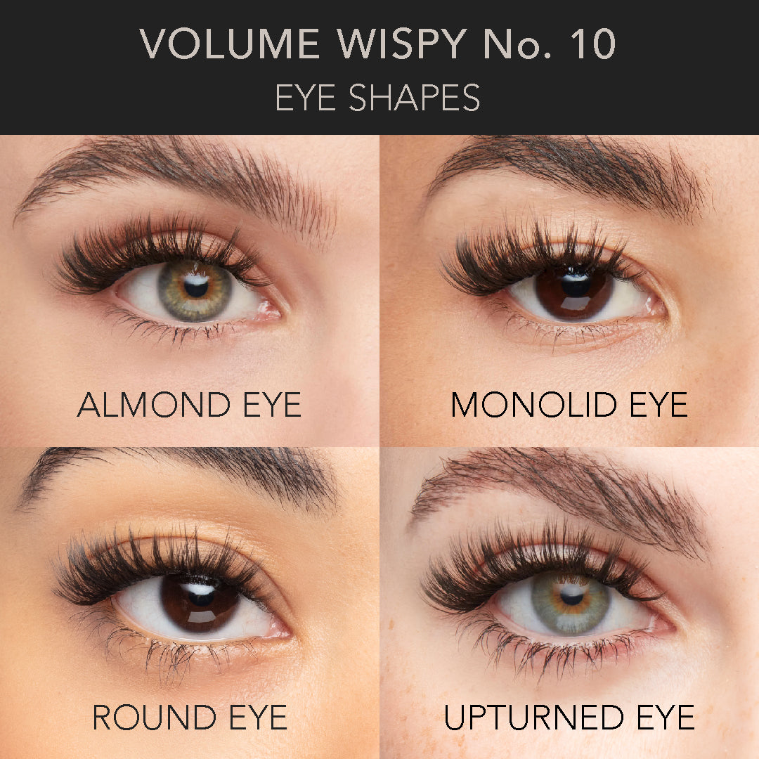 Wispy volume lashes in Volume Wispy No.10 style shown on almond, monolid, round, and upturned eye shapes.