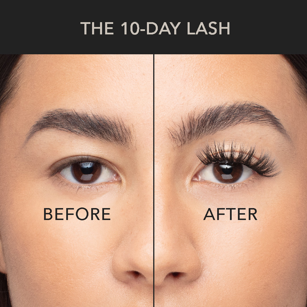 Wispy volume lash extensions before and after showing dramatic improvement in length, curl, and fullness over 10 days.