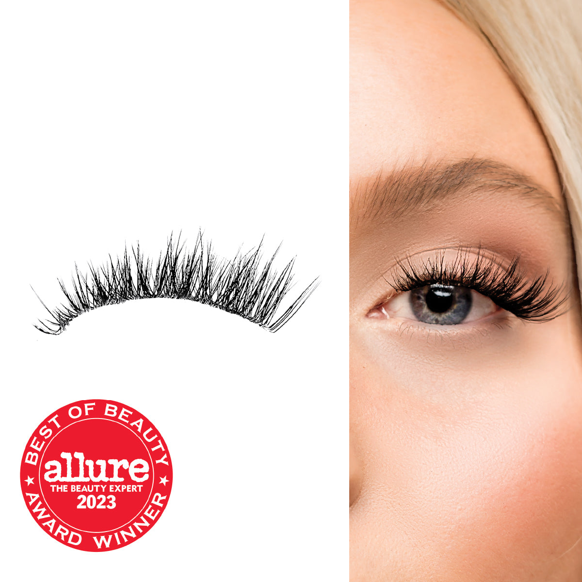 Wispy classic lashes shown applied on eye with soft, fluttery length and Allure Best of Beauty Award 2023 badge