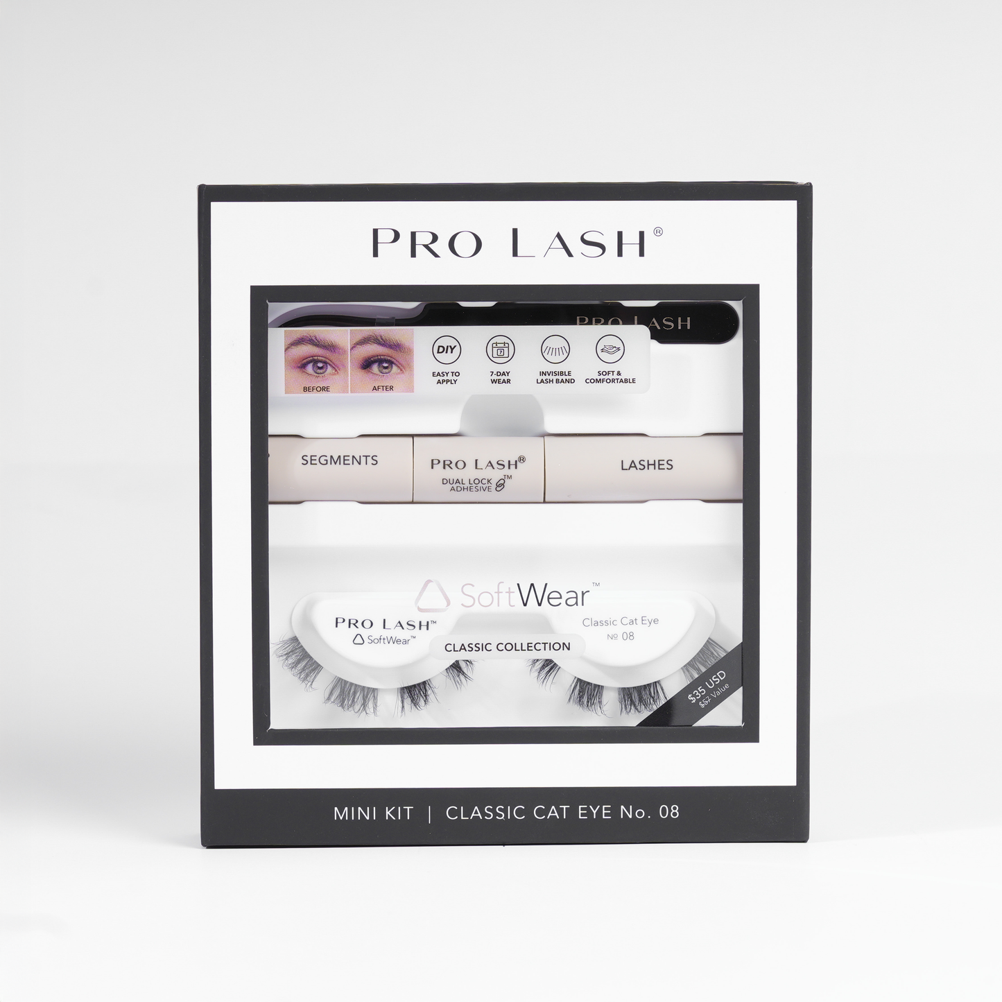 Mega volume cat eyelash extensions mini kit featuring Pro Lash SoftWear Classic Cat Eye No. 08 with adhesive and segments.