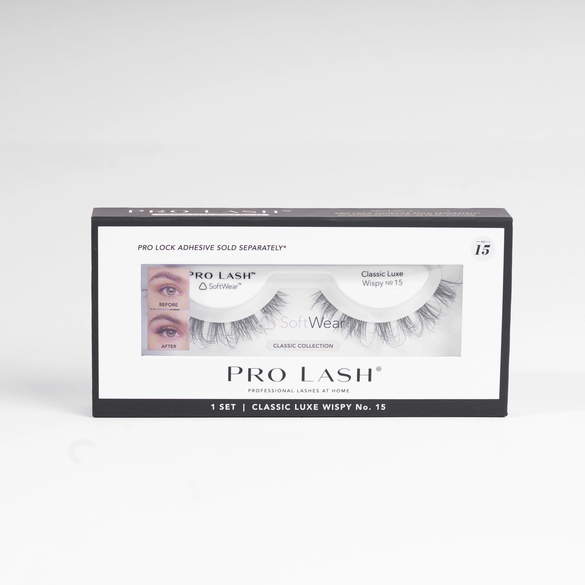 Wispy eyelash extensions in Pro Lash Classic Luxe Wispy No.15 single set, designed with SoftWear band for natural-looking volume and seamless 10-day wear.