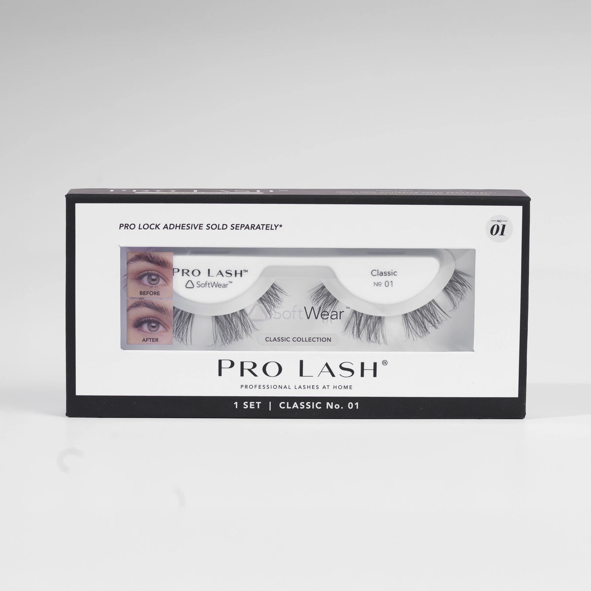 Wispy natural eyelash extensions in Pro Lash Classic No.01 single set with SoftWear band, offering lightweight volume and a seamless 10-day wear look.