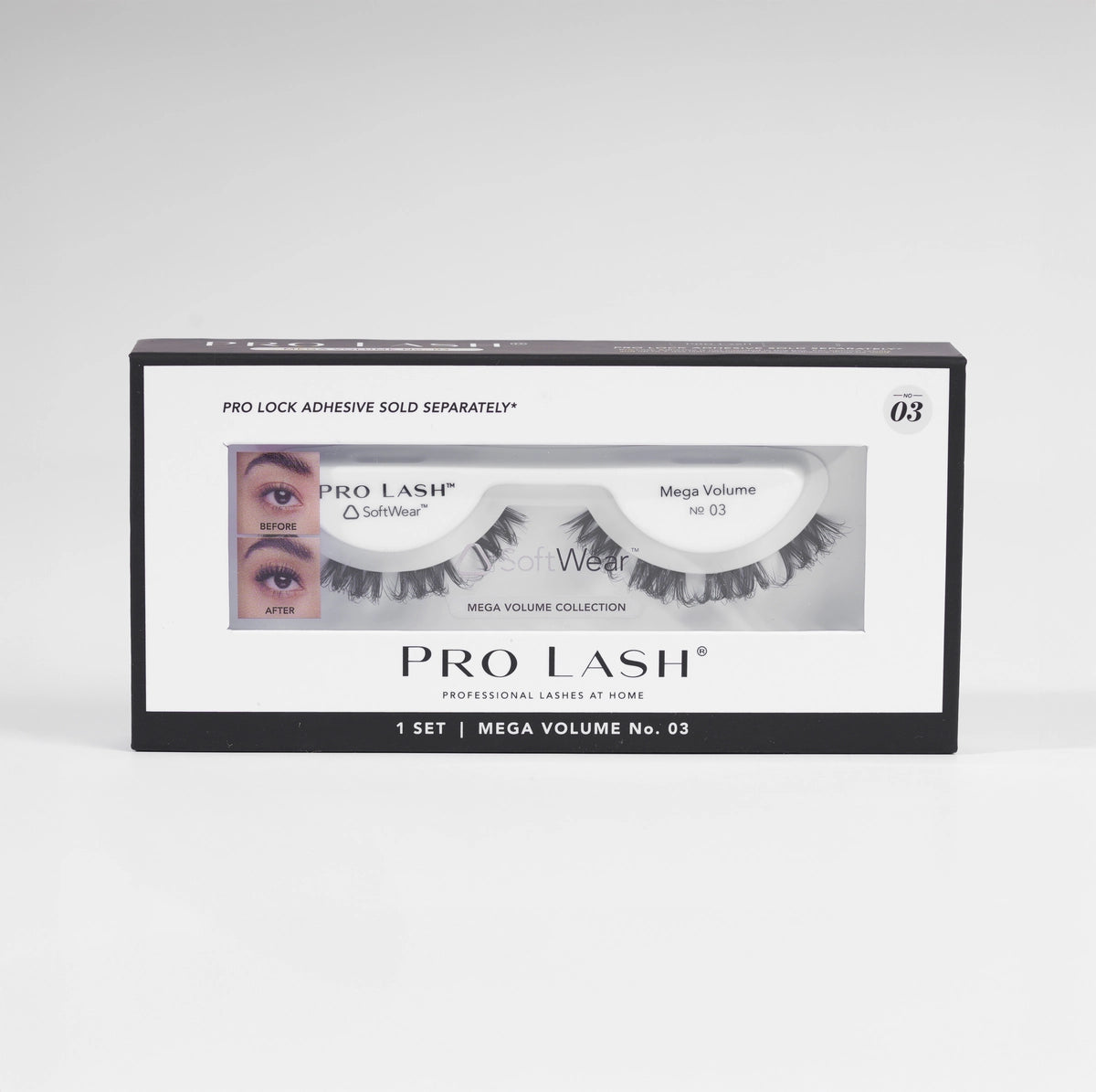 Wispy lash extensions in Pro Lash Mega Volume No.03 single set with SoftWear band, offering bold, fluttery volume and seamless 10-day wear.