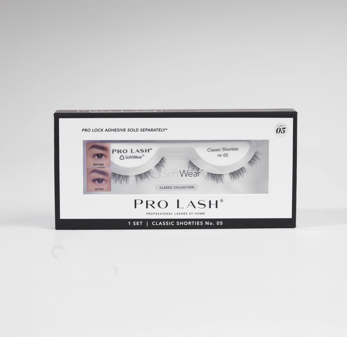 Short lash extensions in Pro Lash Classic Shorties No.05 single set with SoftWear band, designed for a natural enhancement and comfortable 10-day at-home wear.