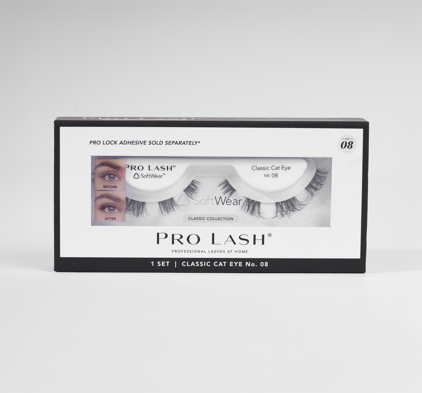 Classic eyelash extensions in Pro Lash Classic Cat Eye No.08 single set with SoftWear band, designed for a subtle winged effect and 10-day at-home wear.