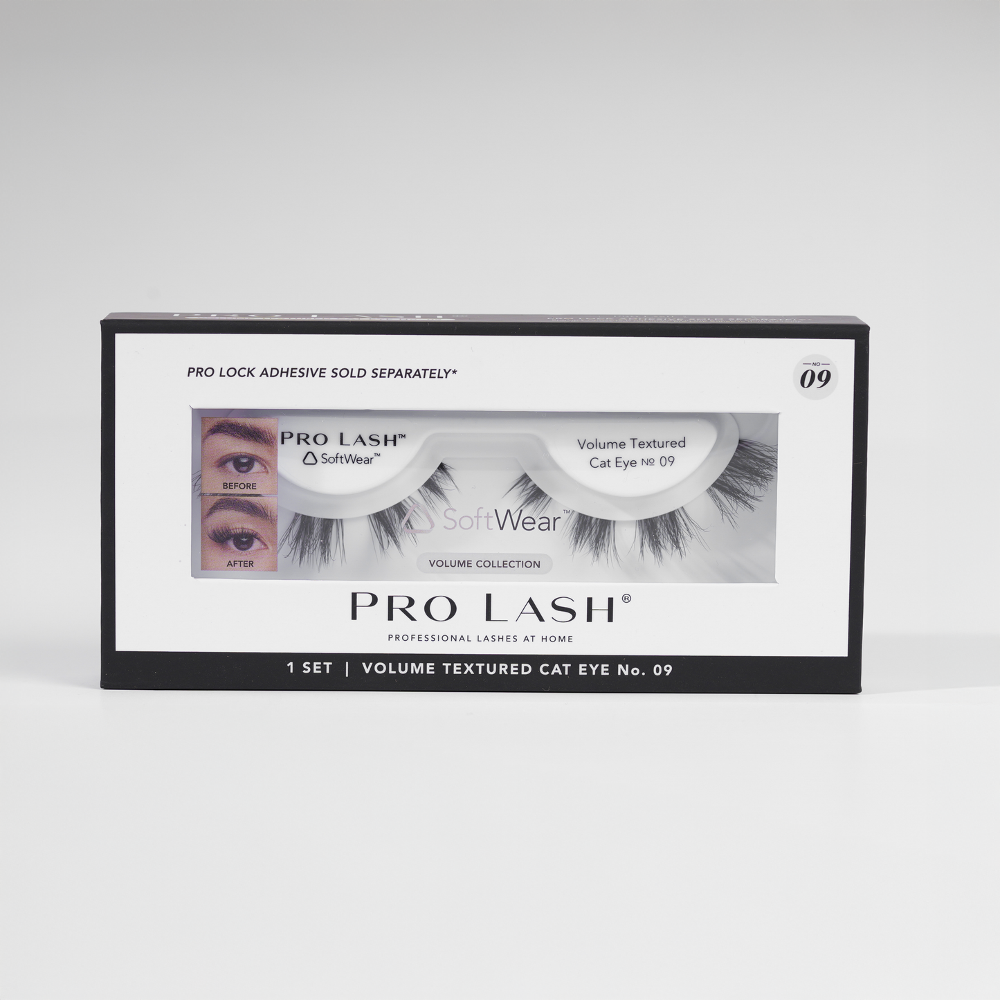 Cat eye extensions in Pro Lash Volume Textured Cat Eye No.09 single set with SoftWear band, designed for a lifted, elongated look and 10-day wear at home.