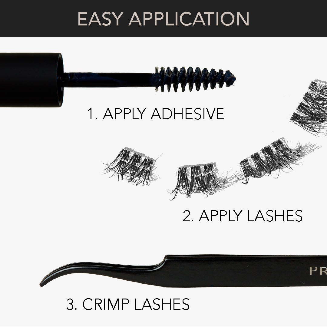 Classic cat eye lashes extension application steps showing adhesive, segmented lashes, and crimp tool for a lifted lash look.