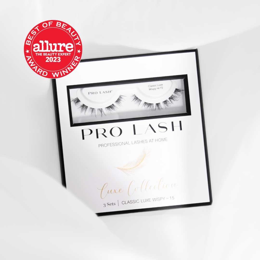 Classic lashes wispy style in Pro Lash Luxe Collection packaging, featuring three sets and Allure Best of Beauty 2023 award.