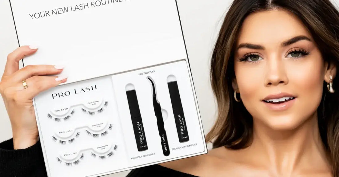 Eyelash kit for beginners held by a smiling woman showing the full Pro Lash system