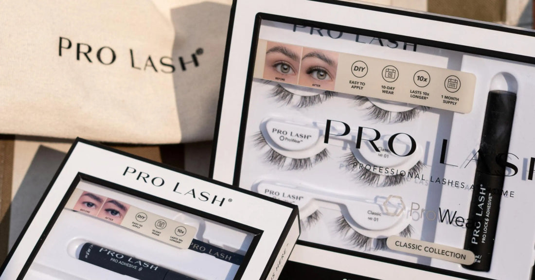 Long-lasting lash styles highlighted in Pro Lash classic collection packaging with adhesive and multiple reusable lash sets.