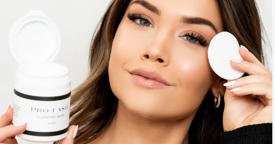 Natural eyelash extensions worn by a woman using Pro Lash cleansing wipes on her eye.