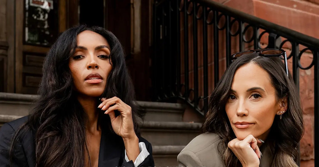 Professional eyelash extensions worn by two women styled for a bold, polished street look