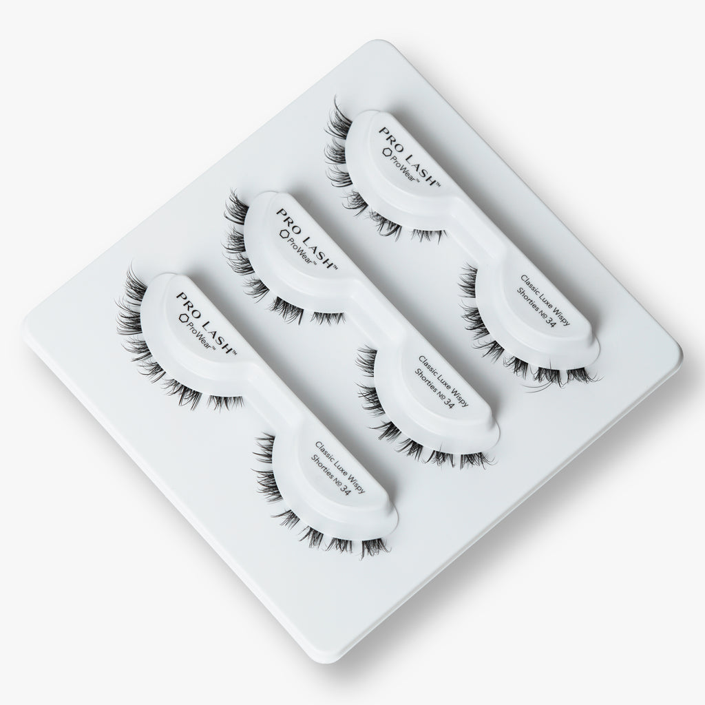 Short volume lashes in Pro Lash Classic Luxe Wispy Shortie No.34 3-pack tray, featuring clustered design for soft, natural definition