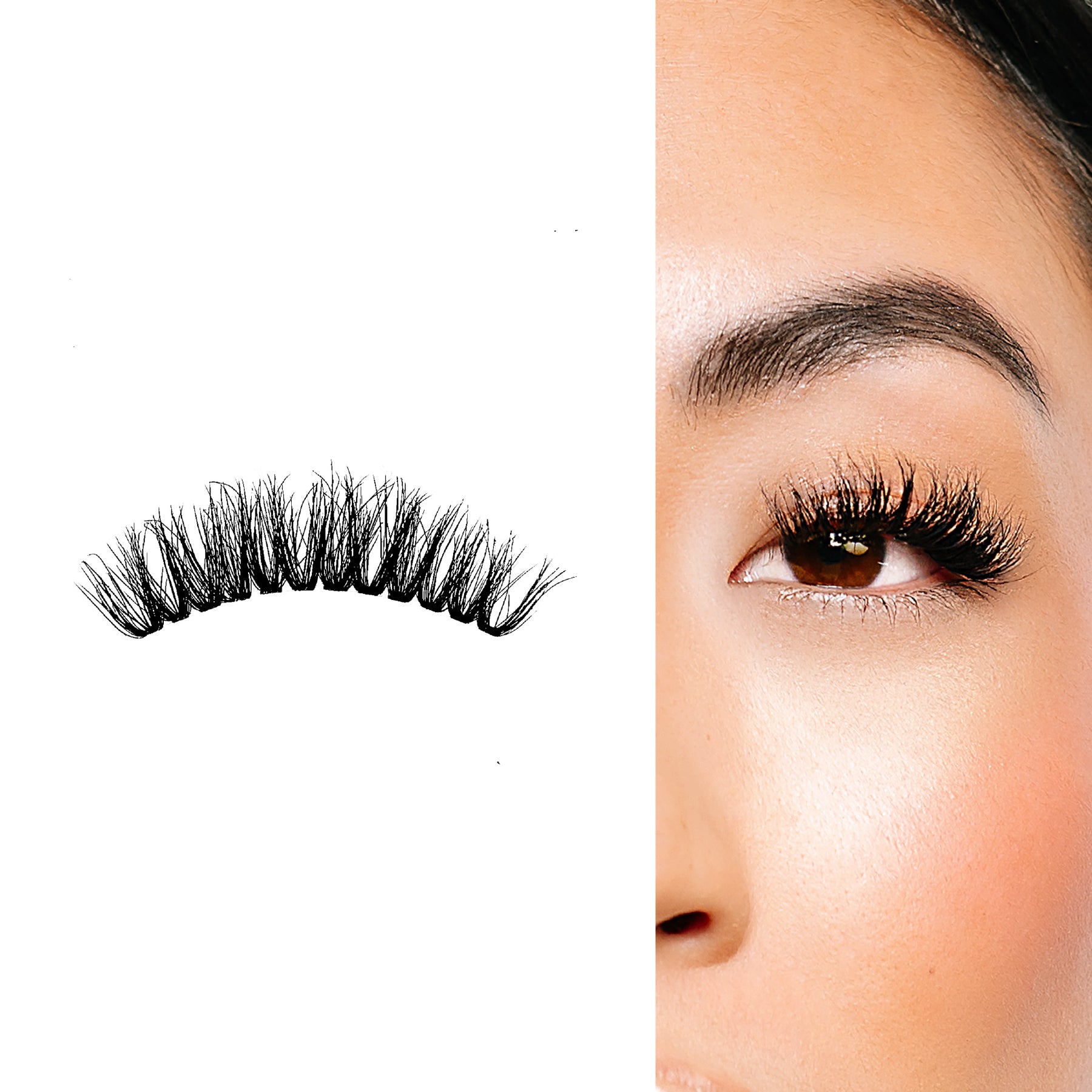 Feathered eyelash extensions shown off-eye and applied, featuring soft, fluttery volume with tapered ends for a natural glam look