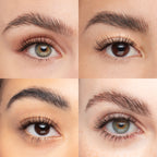 Volume set of eyelash extensions shown on four eye shapes, creating a full and natural look with defined curl and length