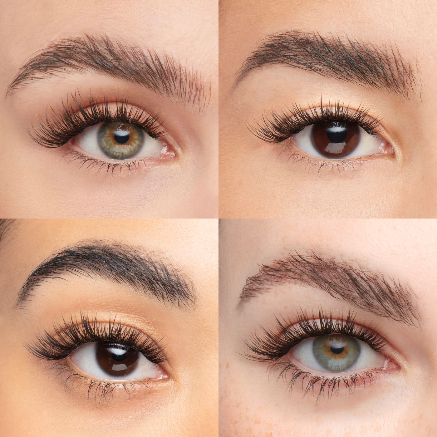 Volume wispy eyelash extensions shown on four different eye shapes for a soft, full, and natural enhancement.