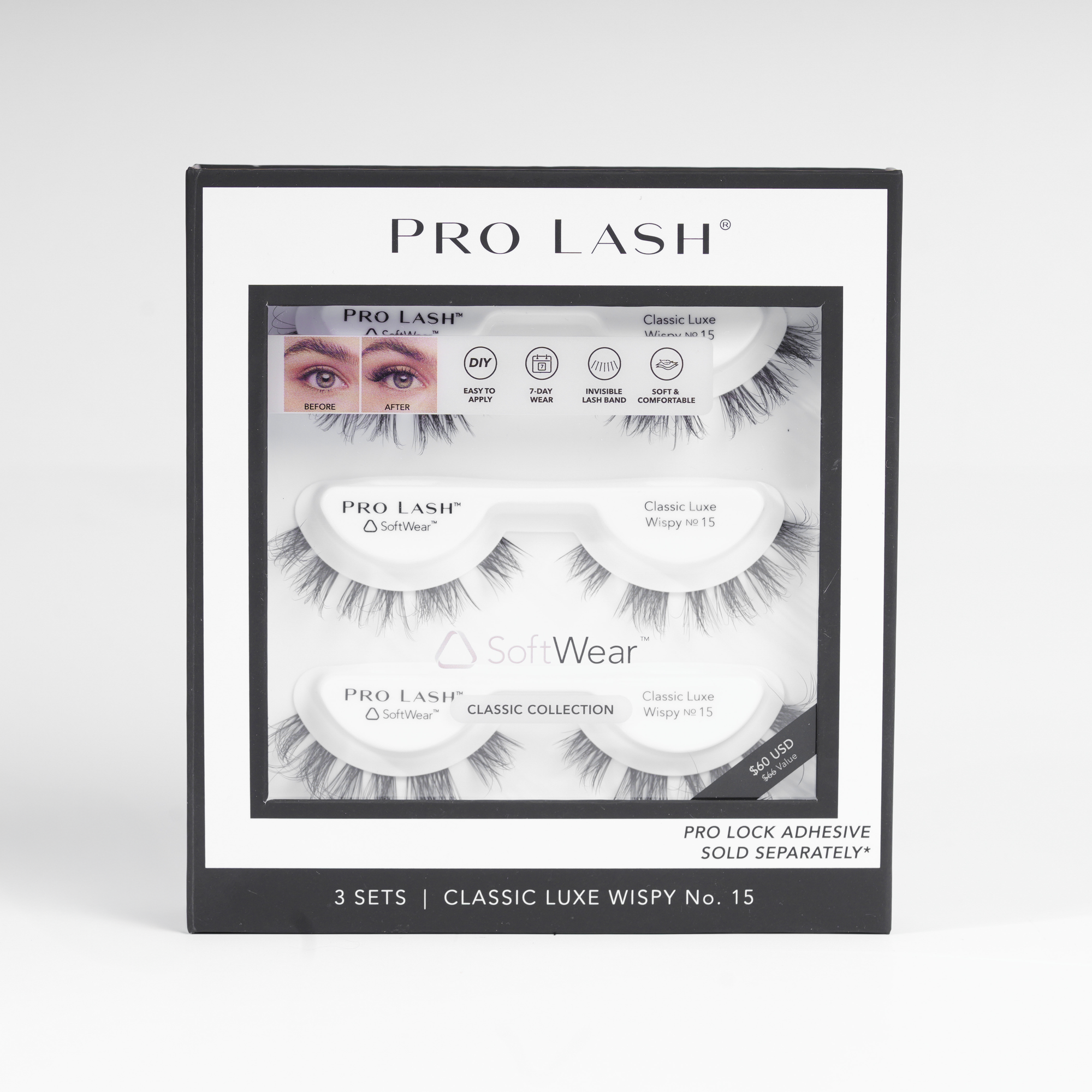 Wispy classic lashes in Pro Lash Classic Luxe Wispy No.15 set with three pairs and invisible lash band for comfort