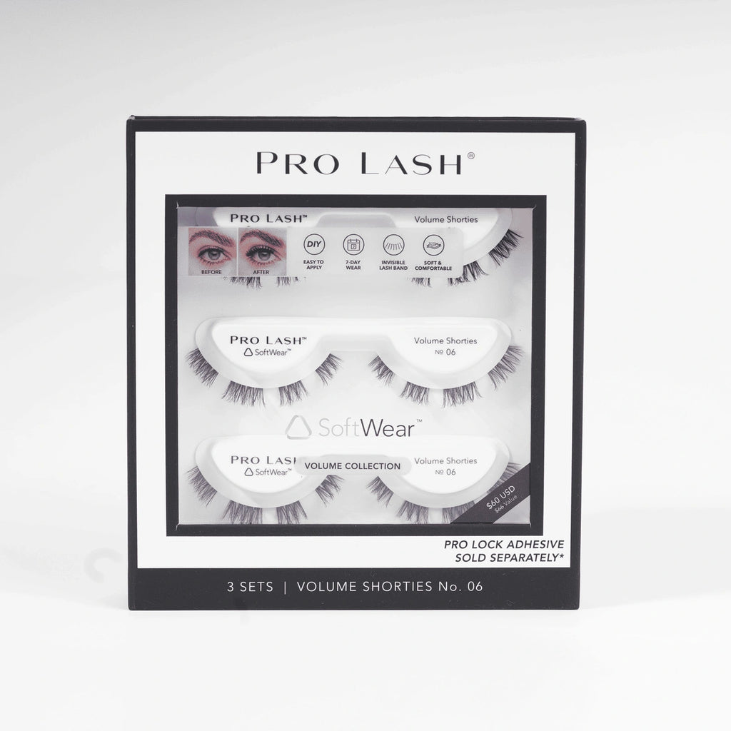 Short volume lash extensions pack showing three sets of SoftWear Volume Shorties lashes in a black-and-white display box