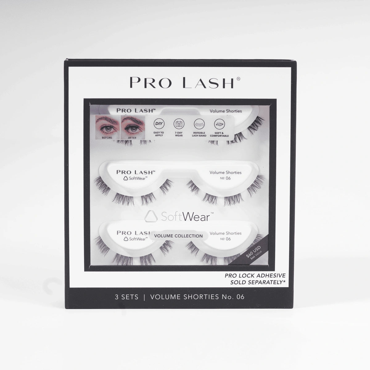 Short volume lash extensions pack showing three sets of SoftWear Volume Shorties lashes in a black-and-white display box