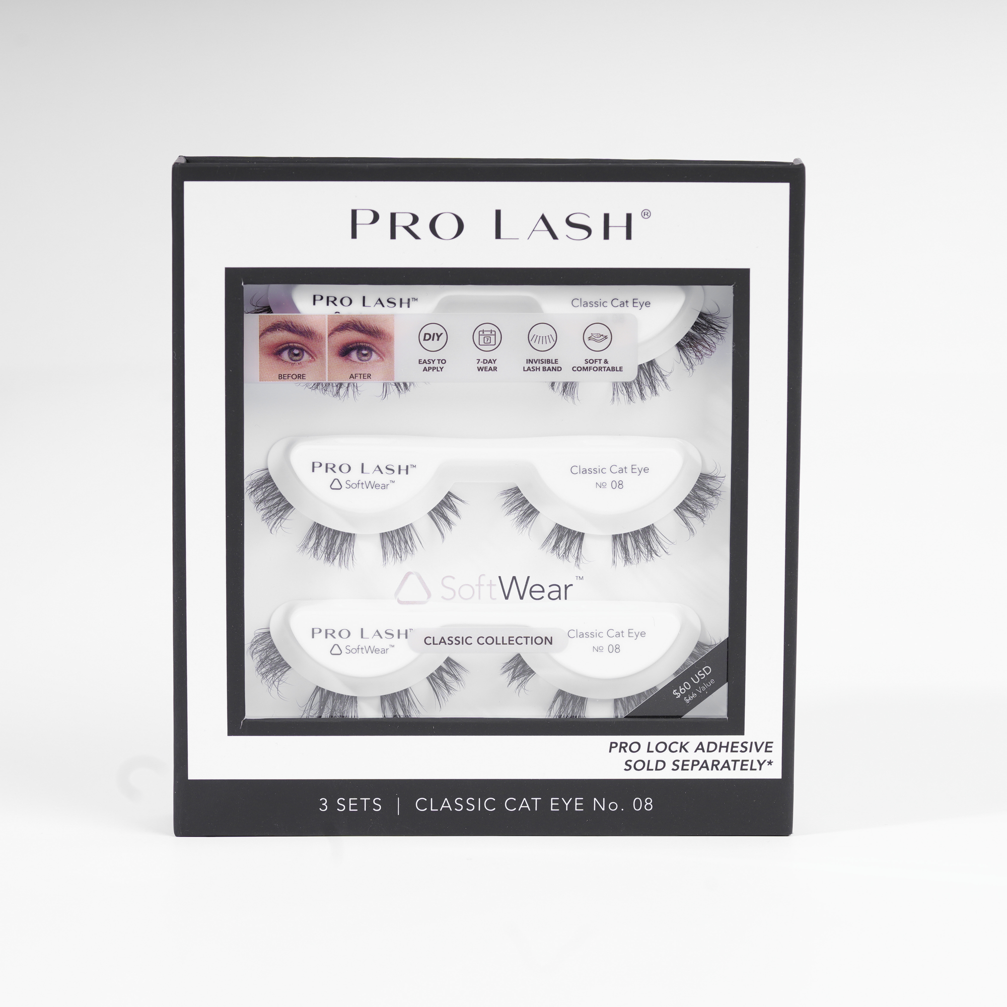 Cat eye classic eyelash extensions in Pro Lash Classic Cat Eye No.08 set with three pairs and invisible lash band.