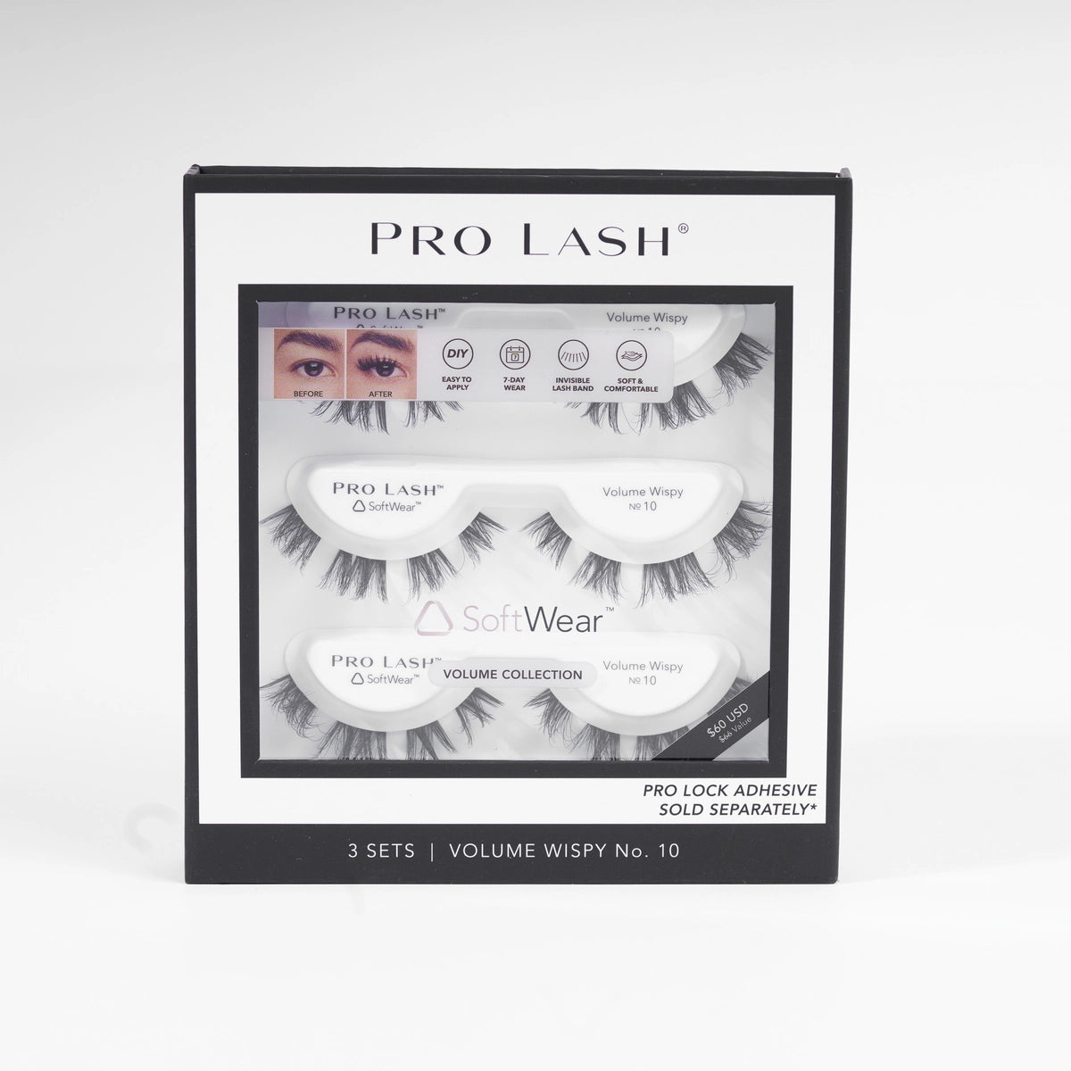 Eyelash extensions in Pro Lash Pro Wear pack offering 10-day wear, DIY application, and one-month lash supply.