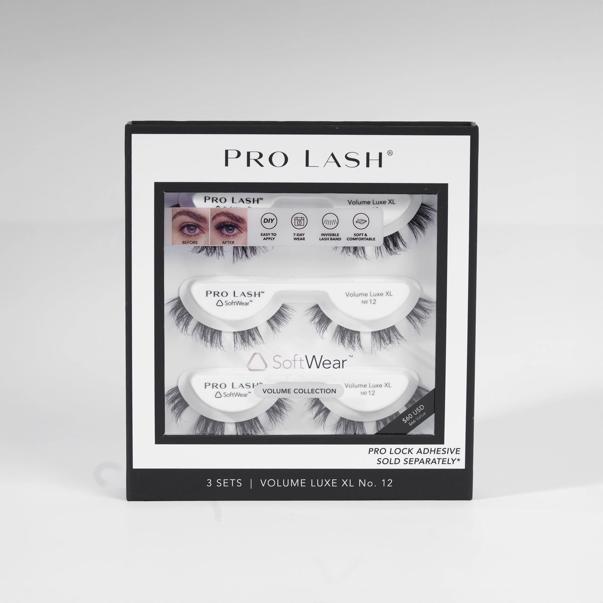Volume lashes in Pro Lash SoftWear Volume Luxe XL No.12 pack featuring three sets with invisible lash bands.