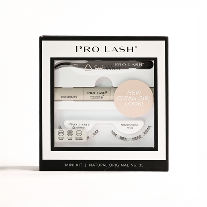 Best at home lash extension kit featuring Pro Lash Natural Original No.35 mini kit with SoftWear band, Dual Lock adhesive, applicator tool, and Clean Girl look lashes for 7-day wear.