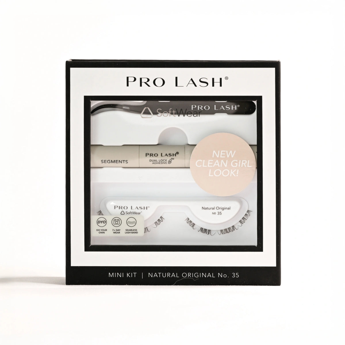 Best at home lash extension kit featuring Pro Lash Natural Original No.35 mini kit with SoftWear band, Dual Lock adhesive, applicator tool, and Clean Girl look lashes for 7-day wear.