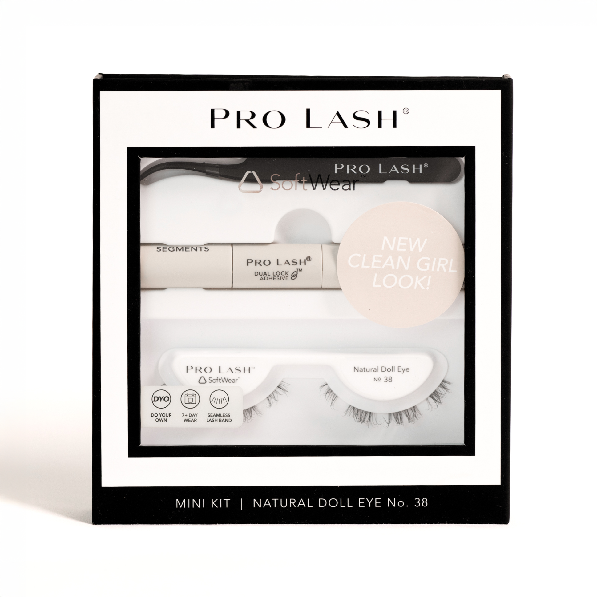 Natural eyelash extensions mini kit featuring Pro Lash SoftWear Natural Doll Eye No. 38 with adhesive and application tool.