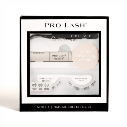 Natural eyelash extensions mini kit featuring Pro Lash SoftWear Natural Doll Eye No. 38 with adhesive and application tool.