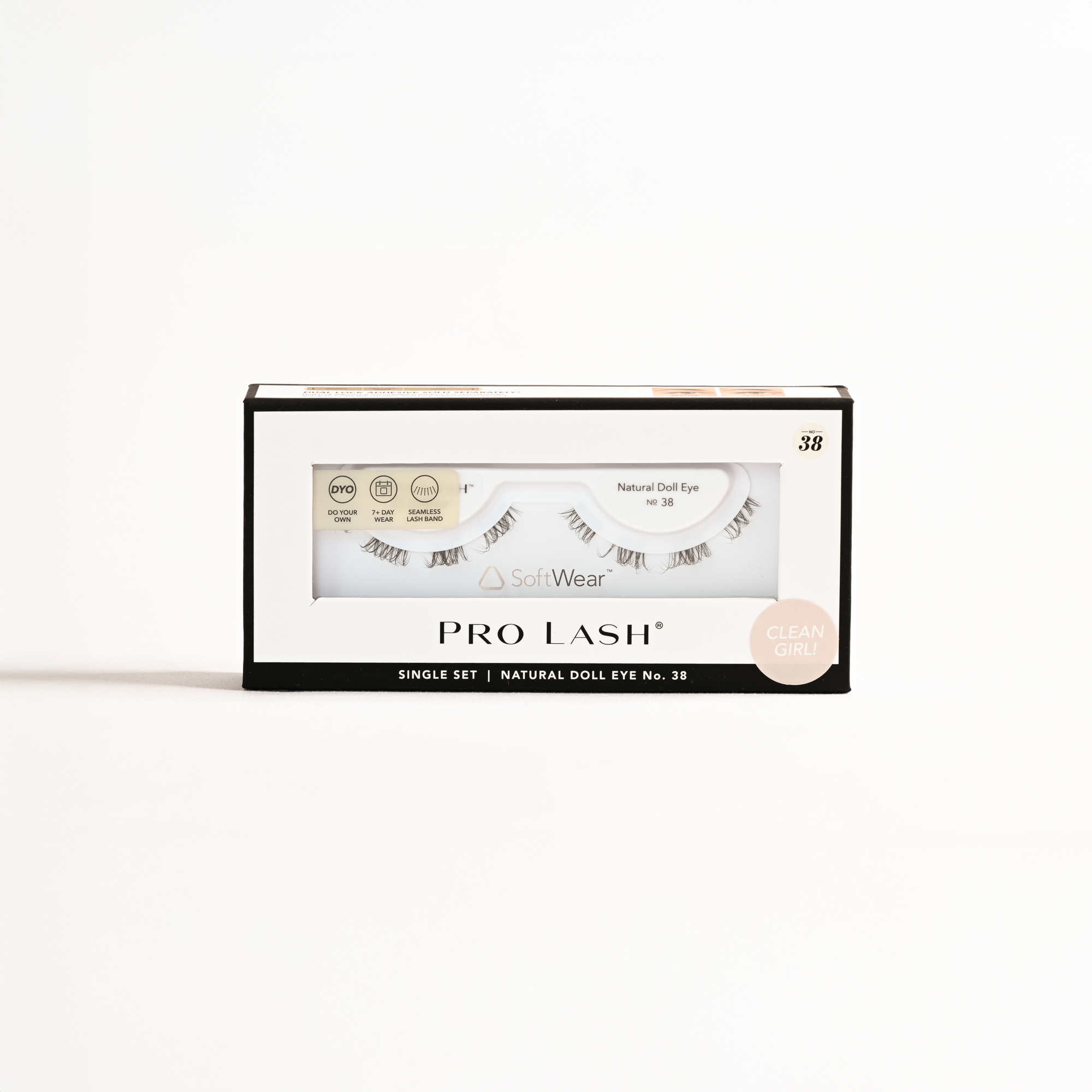 Eyelash extension kit featuring Pro Lash Natural Doll Eye No.38 single set with SoftWear band, designed for seamless application and 7-day wear.
