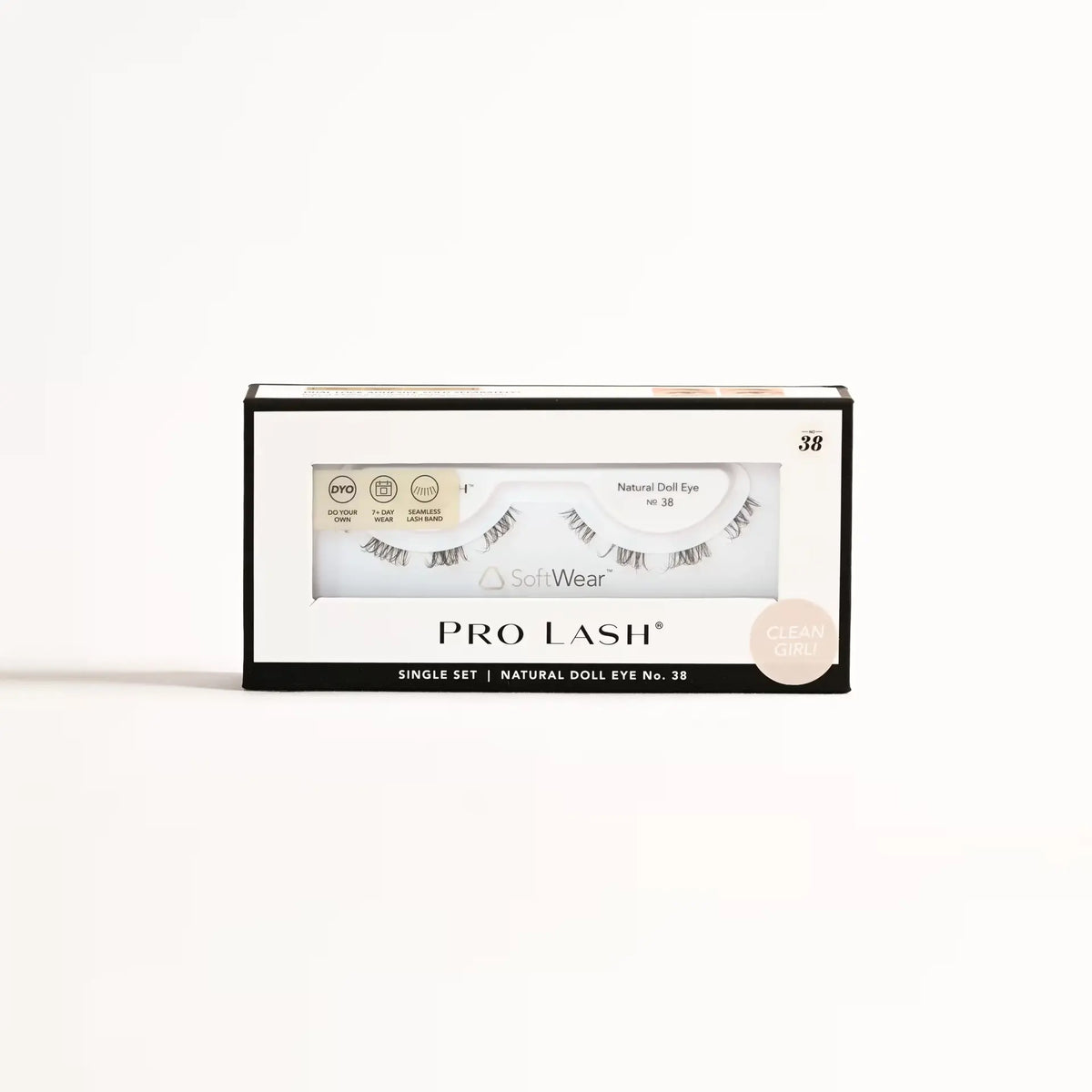 Eyelash extension kit featuring Pro Lash Natural Doll Eye No.38 single set with SoftWear band, designed for seamless application and 7-day wear.