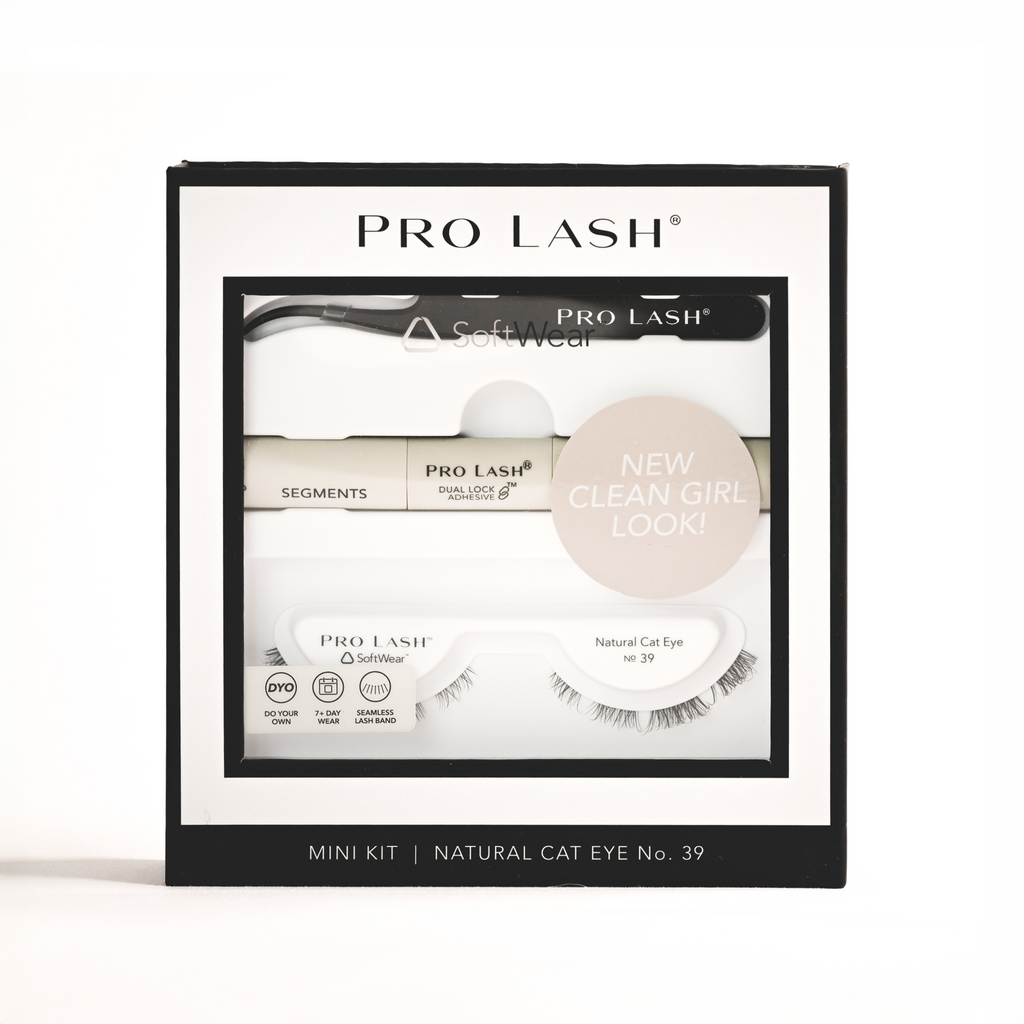 Natural cat eye lashes extensions mini kit with Pro Lash SoftWear No. 39, dual lock adhesive, and precision applicator tool.