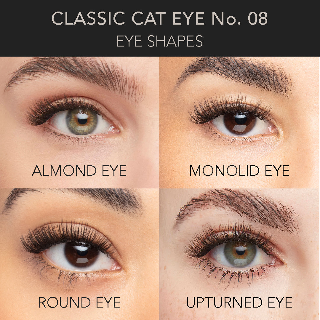Classic lashes cat eye style No.08 shown on almond, monolid, round, and upturned eyes for a flattering flared effect