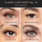 Wispy classic lash extensions in Classic Luxe Wispy No.15 style shown on almond, monolid, round, and upturned eye shapes.
