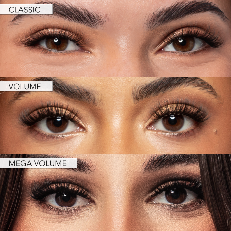 Image of the differences between classic, volume, and mega volume Pro Lash lashes. 